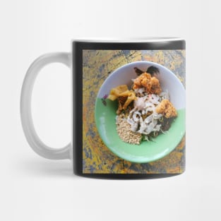 Thai street food. Asian yellow egg noodle with chicken and shrimp on cement background. Mug